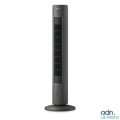 the tower fan is on a stand on a white background