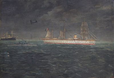 tableau représentant un navire en pleine mer, survolé par un avion