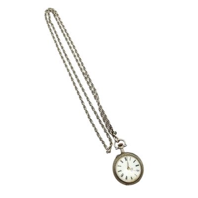 an image of a silver pocket watch with a chain on a white background