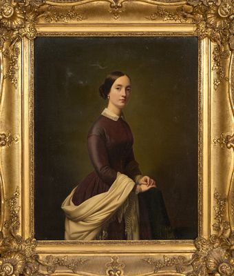 un tableau représentant une femme en robe marron tenant un sac noir