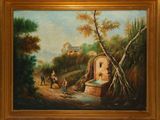 painting of a village scene with a man and a woman on horseback