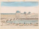 an old drawing of a bridge over a river with people walking on it