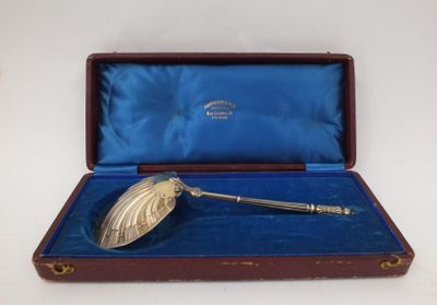 an antique silver plate spoon in a blue box on a white surface
