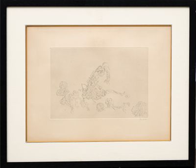 a drawing of a man riding a horse in a field