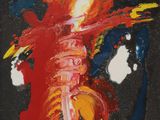 une peinture abstraite représentant un cheval rouge, jaune et bleu
