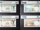 quatre types différents de billets de banque exposés dans une vitrine