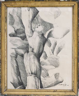drawing of a woman sitting on a rock in a gold frame