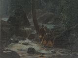 painting of a man and a dog crossing a stream in a wooded area
