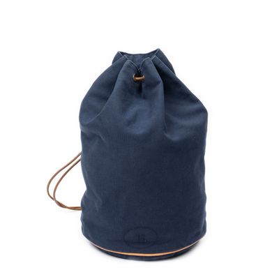 a blue drawsack bag on a white background