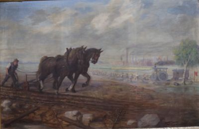 une peinture représentant un homme labourant un champ avec deux chevaux