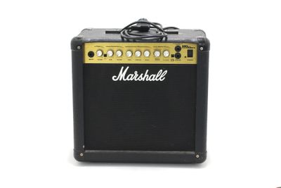 a close up of a black and gold marshall amplifier on a white background