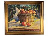 une peinture à l'huile représentant un panier de pommes posé sur une table