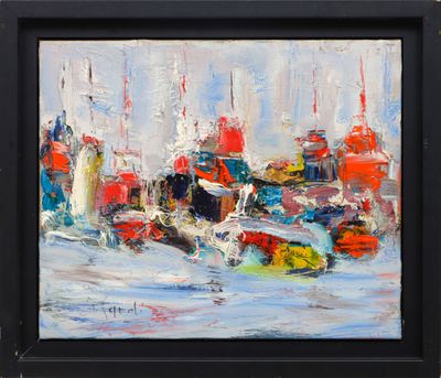 abstract painting of a cityscape with boats in the water