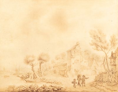 un vieux dessin représentant un village avec une église en arrière-plan