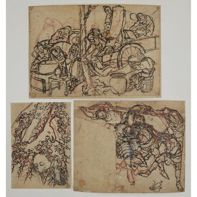 three drawings of a man on a horse and a woman on a horse