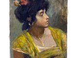 une peinture à l'huile représentant une femme en robe jaune, avec une fleur rouge dans les cheveux