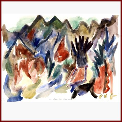 aquarelle abstraite représentant un groupe de personnes dans une région montagneuse