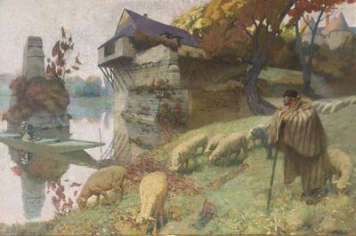 a painting of a man with a sheep and a boat