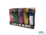 six different colored pens in a box on a white background