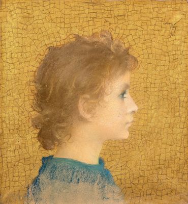un tableau représentant une jeune fille en robe bleue sur fond jaune