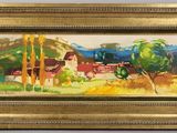 une peinture à l'huile représentant un paysage avec une maison et des arbres au premier plan
