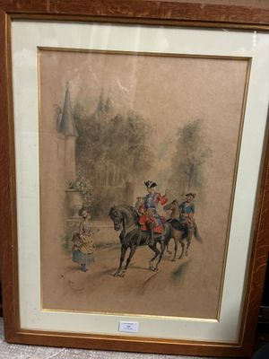 tableau représentant un homme à cheval, avec un groupe de personnes sur le cheval