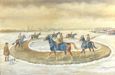 a painting of a group of people riding horses in the snow