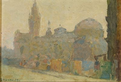 l'image d'une peinture représentant un bâtiment avec une tour d'horloge en arrière-plan