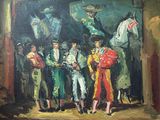 a painting of a group of people standing in front of a horse