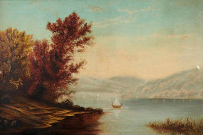 tableau représentant un paysage fluvial avec un voilier au premier plan