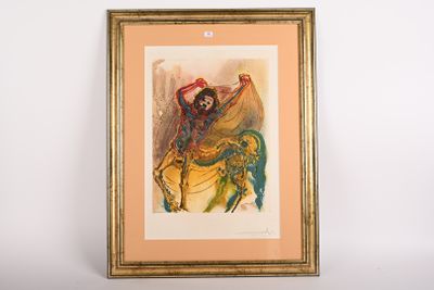 tableau représentant un homme à cheval avec un oiseau sur le dos