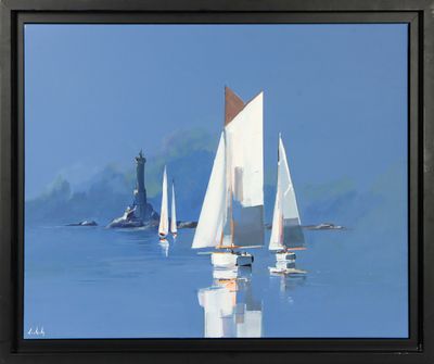 a painting of sailboats on the water with a lighthouse in the background