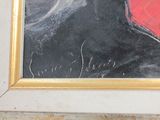 a picture of a painting of a dog with a red hat