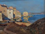 un tableau représentant des bateaux sur la rive, au bord de l'eau