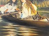 painting of two women in a boat with a dog in the water