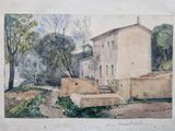 painting of a house in a rural area with trees in the foreground