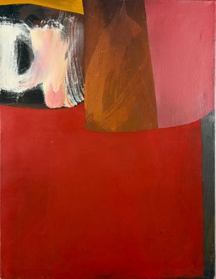 une peinture abstraite représentant un carré rouge surmonté d'un chapeau jaune