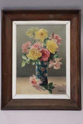 a painting of flowers in a vase on a table