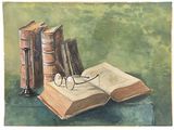 une peinture représentant un livre et des lunettes posés sur une table