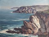 an oil painting of a rocky coastline with a boat in the water