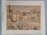 aquarelle encadrée représentant une scène de port avec des bateaux et des bâtiments