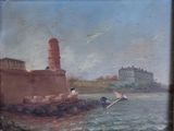 an oil painting of a boat in a body of water near a castle
