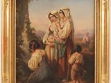a painting of a woman holding a baby and two children