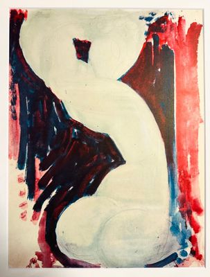 peinture abstraite représentant une femme en robe blanche assise sur une chaise rouge et noire