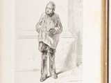 an old book with a drawing of a man standing in front of a building