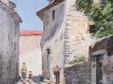 an oil painting of a couple walking down a street in a village