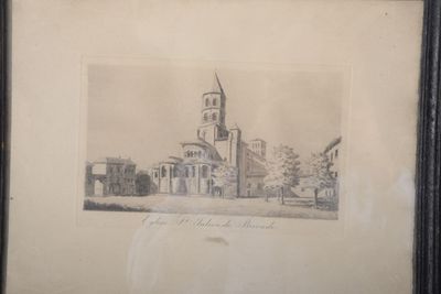 dessin représentant une église avec un clocher et une tour horloge