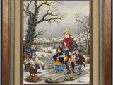 un tableau représentant un groupe de personnes debout dans la neige