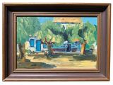 peinture à l'huile encadrée représentant une scène de village avec un cheval et un homme