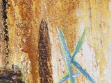 a painting of a pair of scissors on a rusted wall